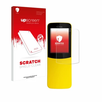 Face avant d’un emballage produit avec le logo de la marque upscreen. À côté, l’appareil Nokia 8110 est représenté avec la pro