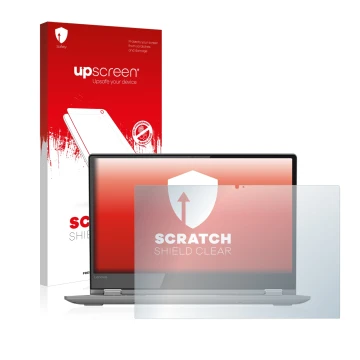 Face avant d’un emballage produit avec le logo de la marque upscreen. À côté, l’appareil Lenovo Yoga 530 est représenté avec l