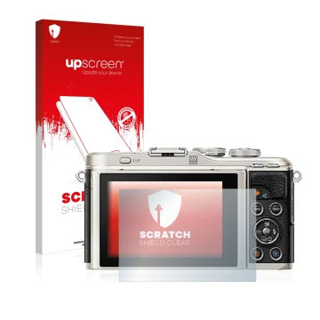 Face avant d’un emballage produit avec le logo de la marque upscreen. À côté, l’appareil Olympus PEN E-PL9 est représenté avec