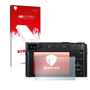Face avant d’un emballage produit avec le logo de la marque upscreen. À côté, l’appareil Panasonic Lumix DC-TZ202 est représen