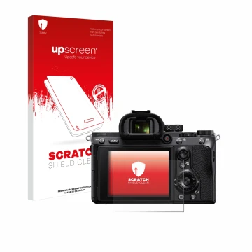 Face avant d’un emballage produit avec le logo de la marque upscreen. À côté, l’appareil Sony Alpha 7 III (ILCE-7M3) est repré