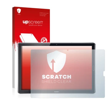 Face avant d’un emballage produit avec le logo de la marque upscreen. À côté, l’appareil Huawei MediaPad M5 10.8 est représent