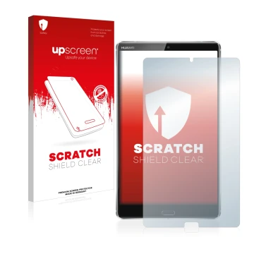 Face avant d’un emballage produit avec le logo de la marque upscreen. À côté, l’appareil Huawei MediaPad M5 8.4 est représenté