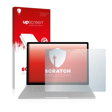 Face avant d’un emballage produit avec le logo de la marque upscreen. À côté, l’appareil Microsoft Surface Book 2 15