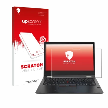 Face avant d’un emballage produit avec le logo de la marque upscreen. À côté, l’appareil Lenovo ThinkPad Yoga X380 est représe