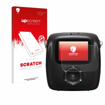 Face avant d’un emballage produit avec le logo de la marque upscreen. À côté, l’appareil Fujifilm Instax Square SQ10 est repré