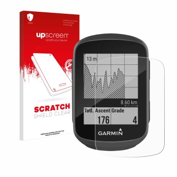 Face avant d’un emballage produit avec le logo de la marque upscreen. À côté, l’appareil Garmin Edge 130 est représenté avec l