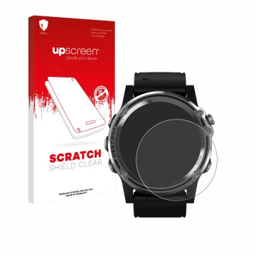 Face avant d’un emballage produit avec le logo de la marque upscreen. À côté, l’appareil Garmin Descent Mk1 est représenté ave