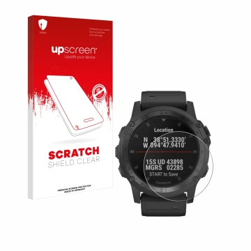 Face avant d’un emballage produit avec le logo de la marque upscreen. À côté, l’appareil Garmin Tactix Charlie est représenté 
