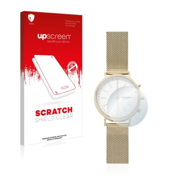 Face avant d’un emballage produit avec le logo de la marque upscreen. À côté, l’appareil Skagen Hybrid Smartwatch Mini Hald (3