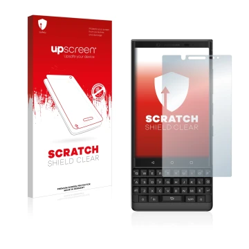 Face avant d’un emballage produit avec le logo de la marque upscreen. À côté, l’appareil BlackBerry Key2 est représenté avec l