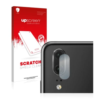 Face avant d’un emballage produit avec le logo de la marque upscreen. À côté, l’appareil Huawei P20 (Caméra UNIQUEMENT) est re
