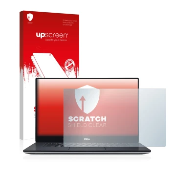 Face avant d’un emballage produit avec le logo de la marque upscreen. À côté, l’appareil Dell XPS 15 9560 est représenté avec 
