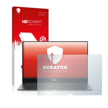 Face avant d’un emballage produit avec le logo de la marque upscreen. À côté, l’appareil Dell XPS 13 9370 est représenté avec 