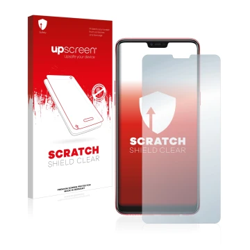 Face avant d’un emballage produit avec le logo de la marque upscreen. À côté, l’appareil Oppo F7 est représenté avec la protec