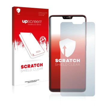 Face avant d’un emballage produit avec le logo de la marque upscreen. À côté, l’appareil Oppo R15 Pro est représenté avec la p