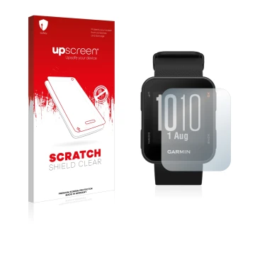 Face avant d’un emballage produit avec le logo de la marque upscreen. À côté, l’appareil Garmin Approach S10 est représenté av