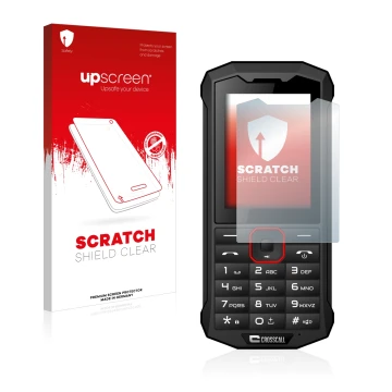 Face avant d’un emballage produit avec le logo de la marque upscreen. À côté, l’appareil Crosscall Spider X4 est représenté av