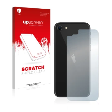 Face avant d’un emballage produit avec le logo de la marque upscreen. À côté, l’appareil Apple iPhone SE 2 2020 (Le dos) est r
