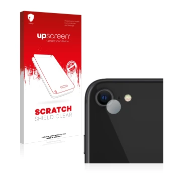 Face avant d’un emballage produit avec le logo de la marque upscreen. À côté, l’appareil Apple iPhone SE 2 2020 (Caméra UNIQUE