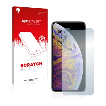 Face avant d’un emballage produit avec le logo de la marque upscreen. À côté, l’appareil Apple iPhone Xs Max est représenté av