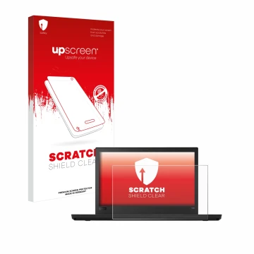 Face avant d’un emballage produit avec le logo de la marque upscreen. À côté, l’appareil Lenovo ThinkPad T480 est représenté a