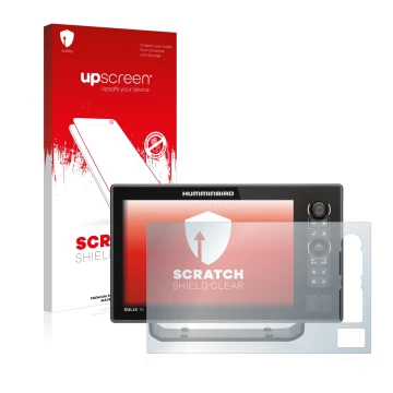 Face avant d’un emballage produit avec le logo de la marque upscreen. À côté, l’appareil Humminbird Solix 10 est représenté av