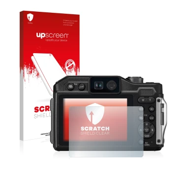 Face avant d’un emballage produit avec le logo de la marque upscreen. À côté, l’appareil Panasonic Lumix DC-FT7 est représenté