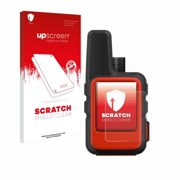 Face avant d’un emballage produit avec le logo de la marque upscreen. À côté, l’appareil Garmin inReach Mini est représenté av