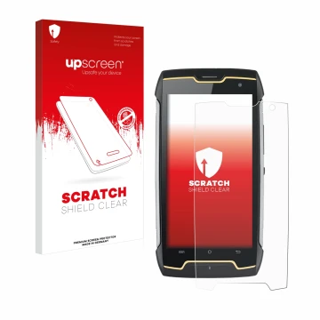 Face avant d’un emballage produit avec le logo de la marque upscreen. À côté, l’appareil Cubot King Kong est représenté avec l