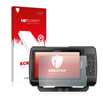 Face avant d’un emballage produit avec le logo de la marque upscreen. À côté, l’appareil Garmin Striker Plus 7cv est représent