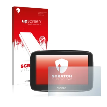Face avant d’un emballage produit avec le logo de la marque upscreen. À côté, l’appareil TomTom GO Basic 5