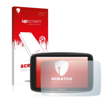 Face avant d’un emballage produit avec le logo de la marque upscreen. À côté, l’appareil TomTom GO Camper est représenté avec 