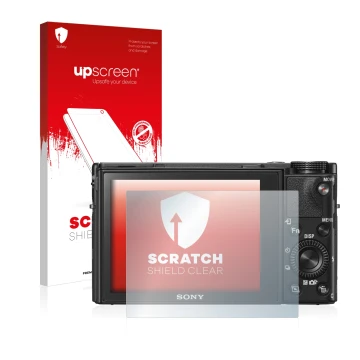Face avant d’un emballage produit avec le logo de la marque upscreen. À côté, l’appareil Sony Cyber-Shot DSC-RX100 VI est repr