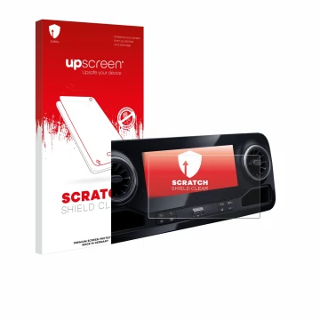 Face avant d’un emballage produit avec le logo de la marque upscreen. À côté, l’appareil Mercedes-Benz Sprinter 2018 MBUX 7