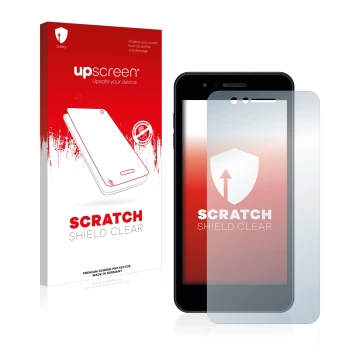 Face avant d’un emballage produit avec le logo de la marque upscreen. À côté, l’appareil LG K9 est représenté avec la protecti