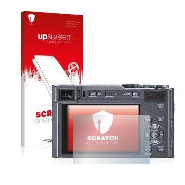 Face avant d’un emballage produit avec le logo de la marque upscreen. À côté, l’appareil Leica C-Lux est représenté avec la pr