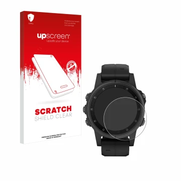 Face avant d’un emballage produit avec le logo de la marque upscreen. À côté, l’appareil Garmin Fenix 5S Plus (42 mm) est repr