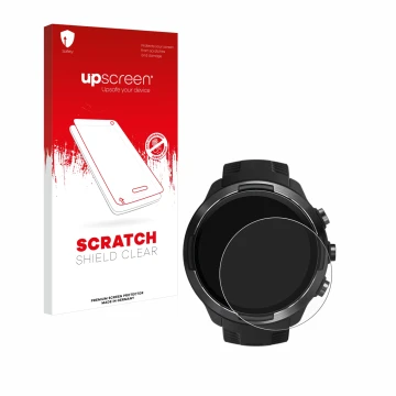 Face avant d’un emballage produit avec le logo de la marque upscreen. À côté, l’appareil Suunto 9 est représenté avec la prote