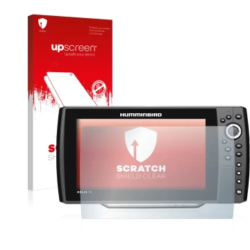 Face avant d’un emballage produit avec le logo de la marque upscreen. À côté, l’appareil Humminbird Helix 10 est représenté av