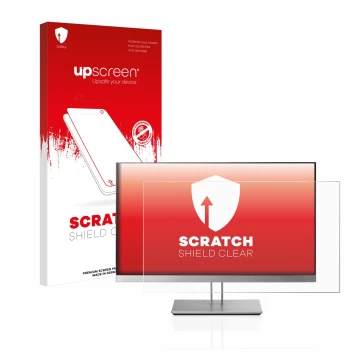 Face avant d’un emballage produit avec le logo de la marque upscreen. À côté, l’appareil HP EliteDisplay E233 est représenté a