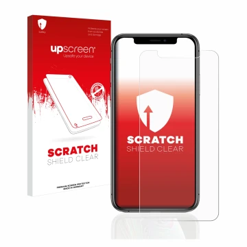 Face avant d’un emballage produit avec le logo de la marque upscreen. À côté, l’appareil Apple iPhone Xs est représenté avec l