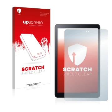 Face avant d’un emballage produit avec le logo de la marque upscreen. À côté, l’appareil Samsung Galaxy Tab A 10.5 2018 LTE es