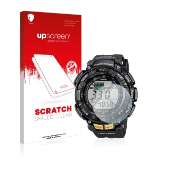 Face avant d’un emballage produit avec le logo de la marque upscreen. À côté, l’appareil Casio Pro Trek PRG-240-1ER est représ