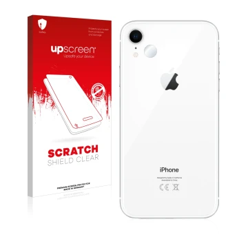 Face avant d’un emballage produit avec le logo de la marque upscreen. À côté, l’appareil Apple iPhone XR (Caméra UNIQUEMENT) e