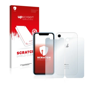 Face avant d’un emballage produit avec le logo de la marque upscreen. À côté, l’appareil Apple iPhone XR (Avant+Arrière) est r