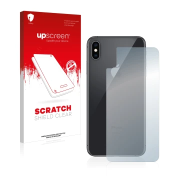 Face avant d’un emballage produit avec le logo de la marque upscreen. À côté, l’appareil Apple iPhone Xs Max (Le dos) est repr