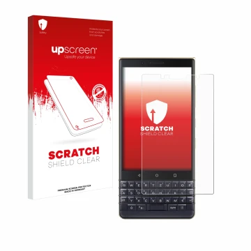 Face avant d’un emballage produit avec le logo de la marque upscreen. À côté, l’appareil BlackBerry Key2 LE est représenté ave