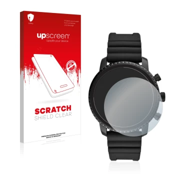 Face avant d’un emballage produit avec le logo de la marque upscreen. À côté, l’appareil Fossil Q Explorist HR (4.Gen) est rep