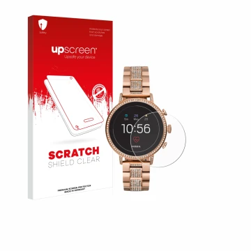 Face avant d’un emballage produit avec le logo de la marque upscreen. À côté, l’appareil Fossil Q Venture HR (4.Gen) est repré